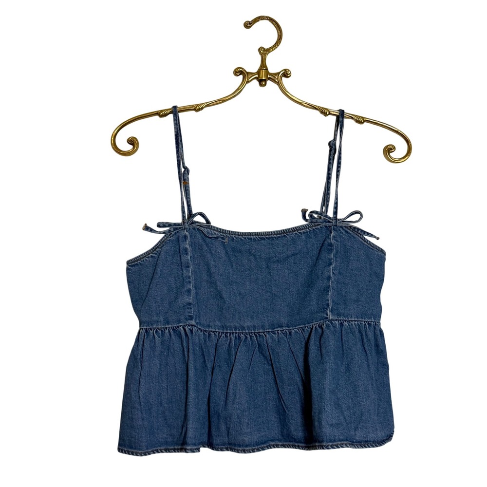 American American Eagle Blue Denim Peplum  Top Smocked Back Tie Straps 035 2351
